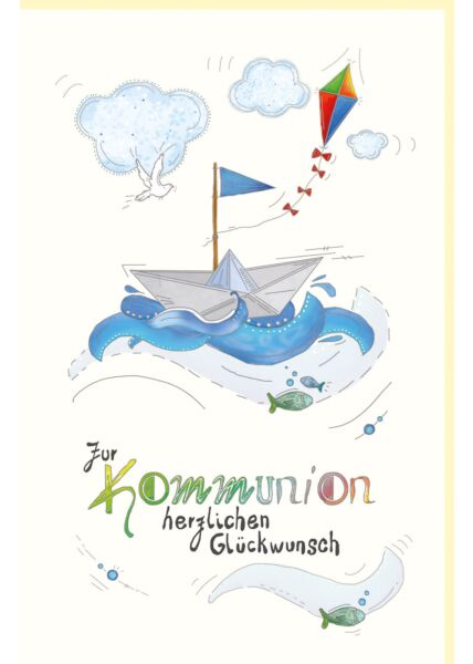 Glückwunschkarte zur Kommunion Papierboot mit Fahne und Drachen auf Wasser, Wolken, Taube, Naturkarton, mit Silberfolie und Blindprägung