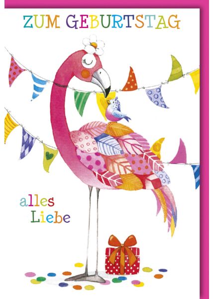Geburtstagskarte für Kinder Flamingo mit bunten Federn