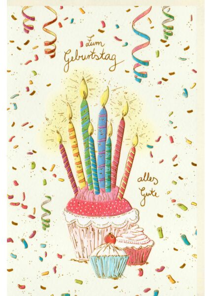 Karte Geburtstag Ein großer Muffin mit bunten Kerzen, zwei kleine Muffin, Konfetti, Naturkarton, mit Goldfolie und Blindprägung
