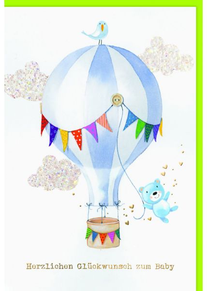 Geburtsglückwunsch: Heißluftballon mit Teddy, Wimpelkette & Glitzerwolken auf Naturkarton