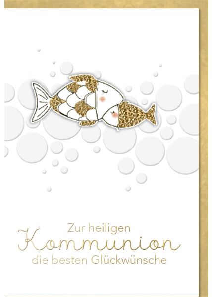 Glückwunschkarte Kommunion Fische mit Folienprägung Blindprägung Applikation Naturkarton