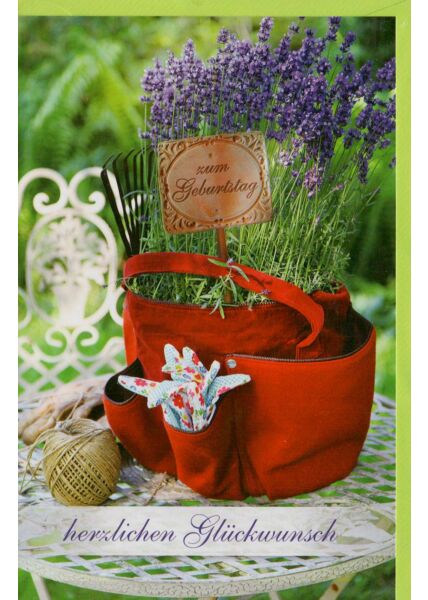 Geburtstagskarte Lavendel in roter Tasche