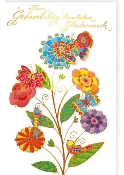 Glückwunschkarte Geburtstag Bunte Vögel und Scmetterlinge auf bunten Blumen