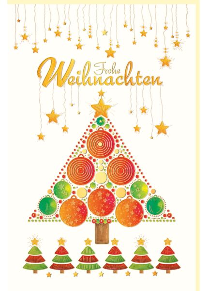 Weihnachtsgrußkarte Goldfolie und Blindprägung großer und sechs kleine Weihnachtsbäume