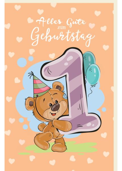 Geburtstagskarte für Kinder Teddybär mit Partyhut sowie Luftballons zum 1 Geburtstag