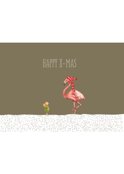 Weihnachtspostkarte Goldfolie Flamingo mit Engel - Happy X-MAS
