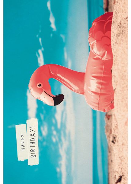 Postkarte Geburtstag Schwimmring Flamingo, Zuckerrohrpapier