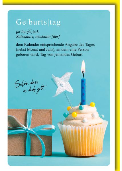 Geburtstagskarte mit Geschenk und Cupcake mit Kerze und Windrad im Hintergrund