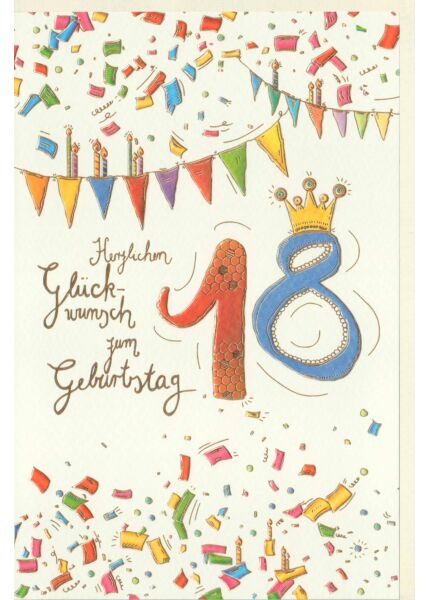 Geburtstagskarte 18 Jahre Wimpelketten, mit Goldfolie und Blindprägung, Naturkarton