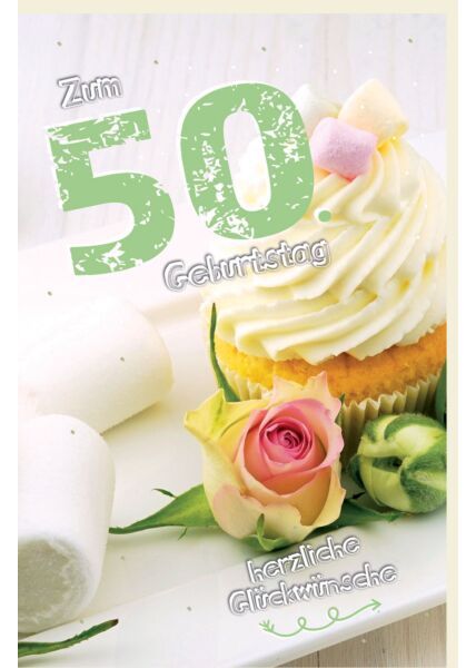 Geburtstagskarte 50 Cupcake, Rose, Marshmallows
