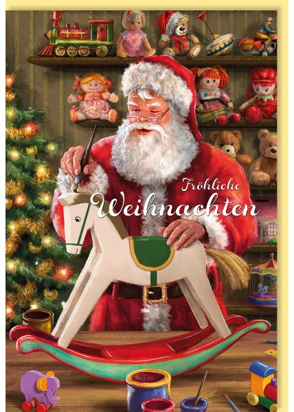 Weihnachtskarte Weihnachtsmann malt Holzpferd an, nostalgisch