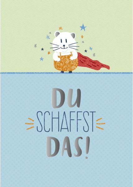 Postkarte Spruch Du schaffst das Maus Superheld Folienprägung