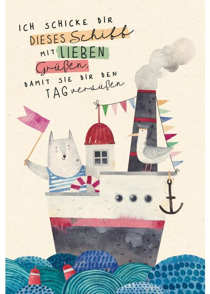 Postkarte Spruch Grüßen Versüßen Schiff, Zuckerrohrpapier