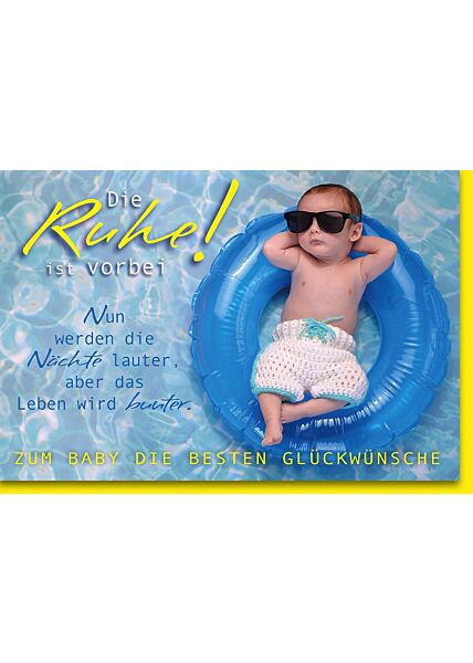 Glückwunschkarte zur Geburt Baby im blauen Schwimmreif