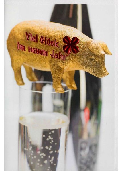 Neujahrskarte Schwein Sektglas