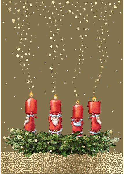 Weihnachtspostkarte Goldfolie Kranz mit Weihnachtsmännerkerzen