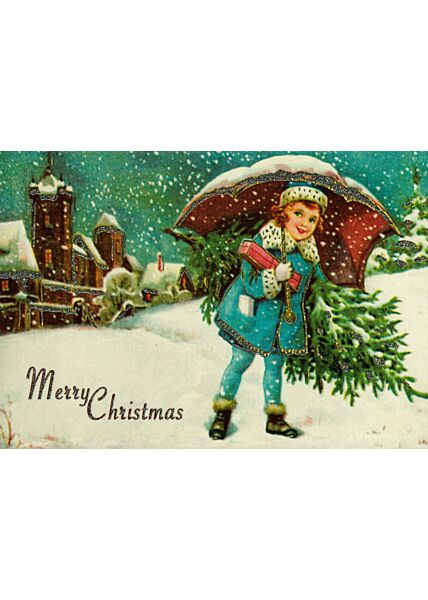 Weihnachtspostkarte mit Glitter Mädchen Schirm Schnee