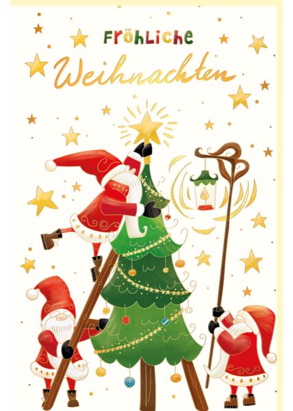 Weihnachtskarte besonders Motiv drei Weihnachtsmänner dekorieren Baum