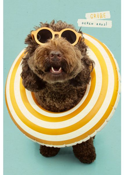 Postkarte Sprüche Grüße Hund mit Sonnenbrille und Schwimmreifen, Zuckerrohrpapier