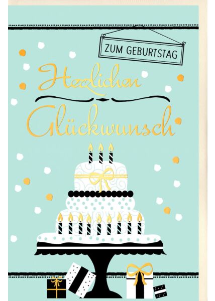 Geburtstagskarte Torte mit Kerzen, Geschenke und Punkte, mit Goldfolie