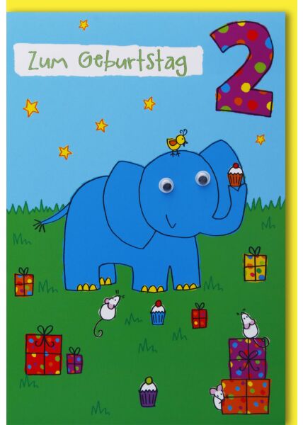 Geburtstagskarte für Kinder 2. Geburtstag Elefant und Mäuse mit Kulleraugen