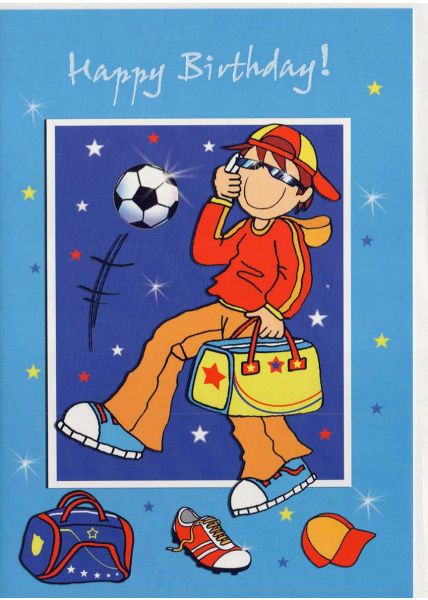 Geburtstagskarte Junge: Junge mit Cap und Sporttasche