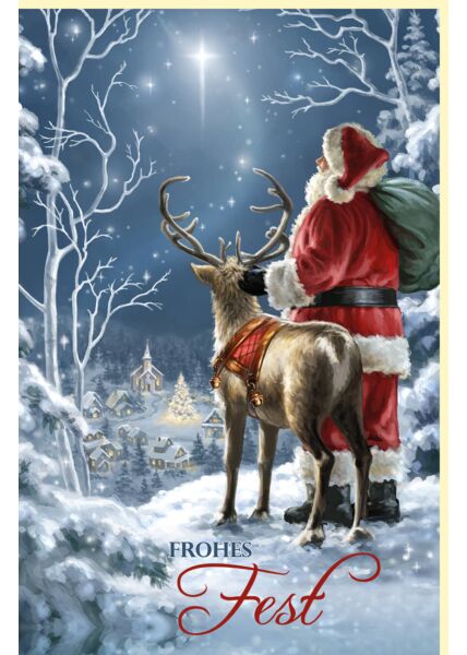 Weihnachtskarte nostalgie Weihnachtsmann Renntier