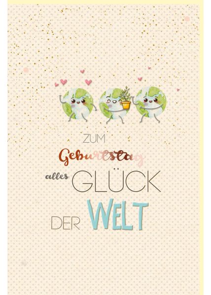 Geburtstagskarte Green Line Weltkugeln, Herzchen, Pflanzentopf, Zuckerrohrpapier