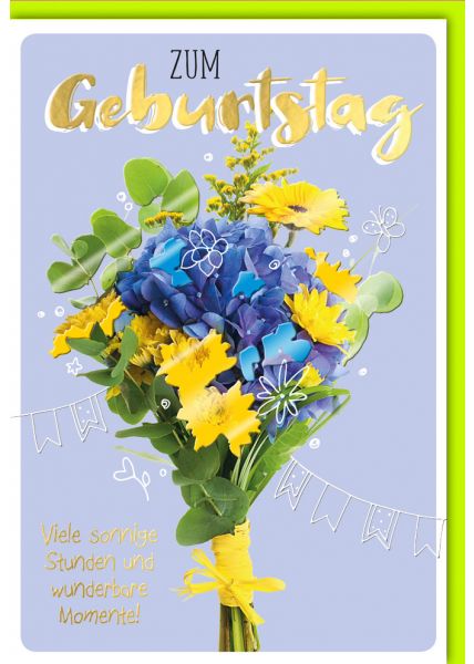 Geburtstagskarten mit Blumen: Farbenfrohe Glückwunschkarte zum Geburtstag mit blau-gelbem Blumenstrauß und herzlichen Wünschen