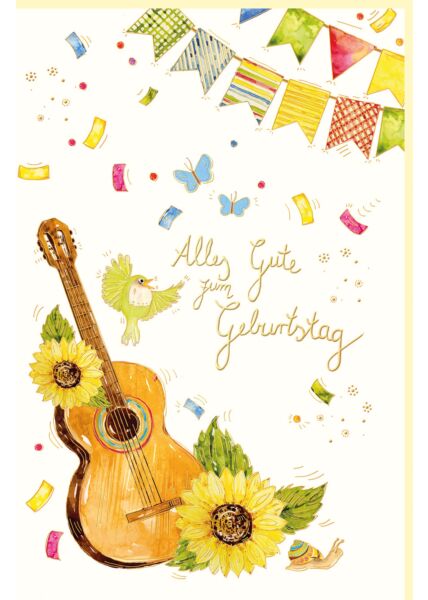 Glückwunschkarte Geburtstag Gitarre, Vogel, Girlande, Sonnenblumen, Naturkarton, mit Goldfolie und Blindprägung