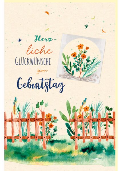 Geburtstagskarte Samentütchen Gieß mich Blumen, Holzzaun, Garten, Zuckerrohrpapier