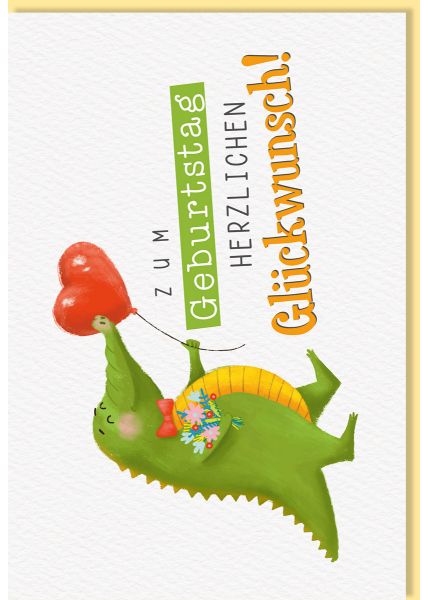 Glückwunschkarte Geburtstag Krokodil mit Blumen und herzförmigem Luftballon, Naturkarton