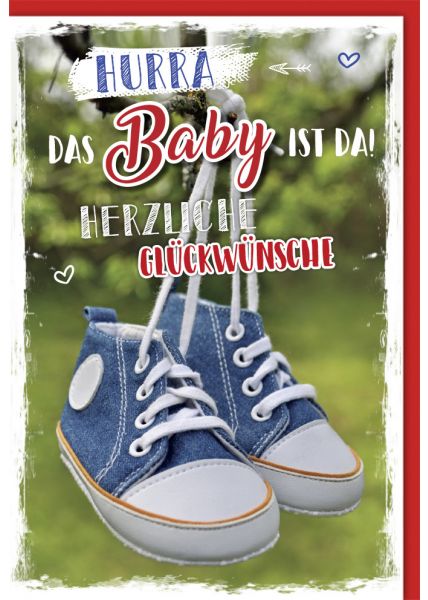 Glückwunschkarten zur Geburt - "Hurra, das Baby ist da! Herzliche Glückwünsche" mit niedlichen Babyschuhen Design