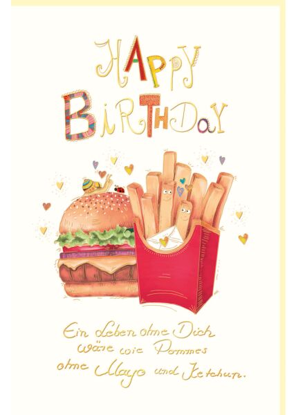 Geburtstagskarte für Partner Hamburger und Pommes, Naturkarton, mit Goldfolie und Blindprägung