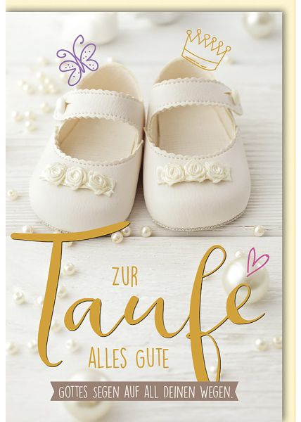 Glückwunschkarte zur Taufe mit Babyschuhen und Krone - Gottes Segen auf all deinen Wegen