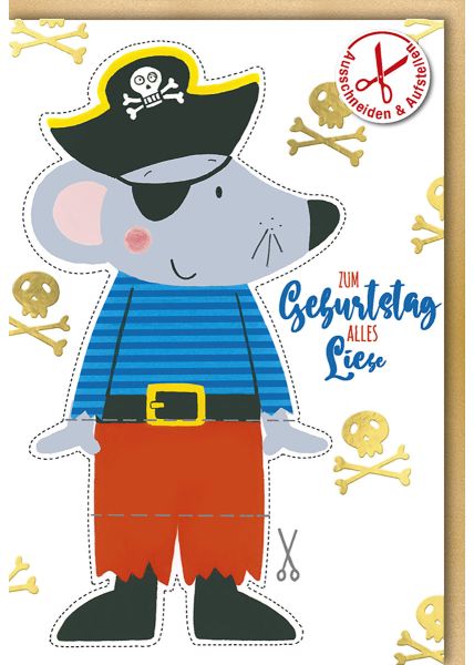 Geburtstagskarte für Kinder - Piratenmaus mit roter Hose und Totenkopf - Folienprägung zum Ausschneiden