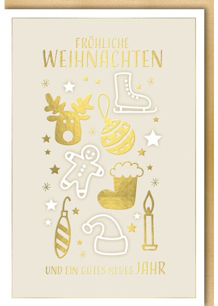 Weihnachtskarte schön Spruch Fröhliche Weihnachten und ein gutes neues Jahr Weihnachtssymbole gold