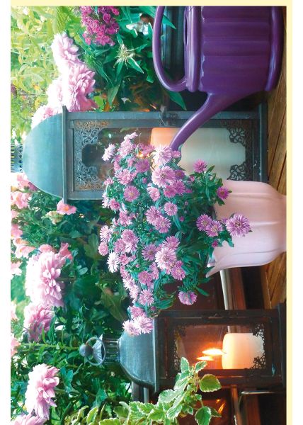 Fotogrußkarte Sommer auf dem Land Chrysanthemen, Laternen, Gießkanne