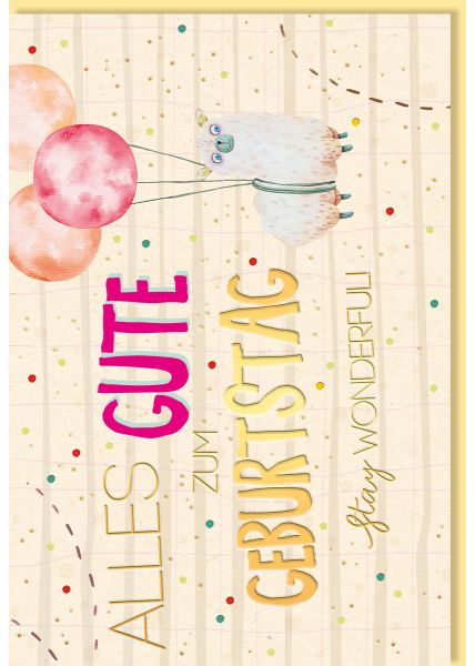 Glückwunschkarte Geburtstag Lama an Luftballons, Zuckerrohrpapier