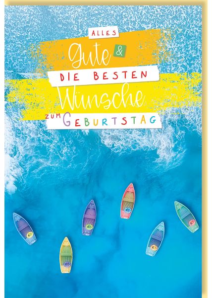 Geburtstagskarte: Alles Gute & die besten Wünsche über türkisfarbenem Meer mit bunten Surfbrettern