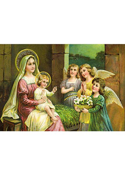 Weihnachtspostkarte Engel Kinder Blumen