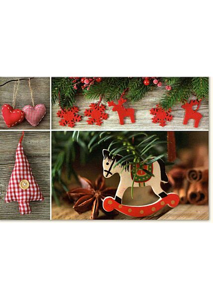 Weihnachtskarte Traditionell Merry Christmas vier Bilder Pferd rechts