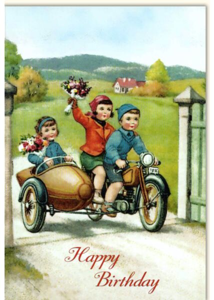Geburtstagskarte retro Happy Birthday Kinder auf Motorrad