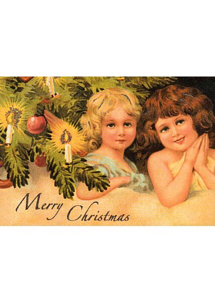 Weihnachtspostkarte zwei Mädchen Weihnachtsbaum