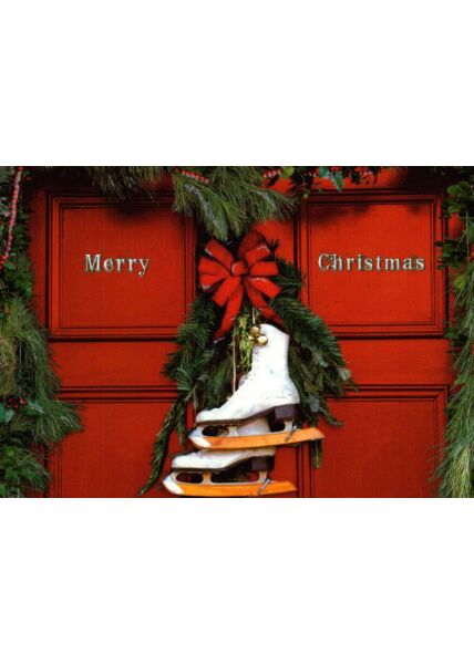 Weihnachtspostkarte Schlittschuhe Haustüre: frohe weihnachten