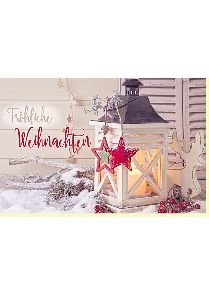 Weihnachtskarte Kerze im Holzhaus weiß Fröhliche Weihnachten