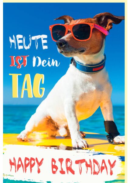 Geburtstagskarte mit Tieren Hund mit Sonnenbrille auf Surfbrett