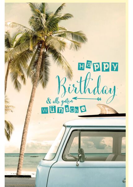 Geburtstagskarte Bus mit Surfbrett vor Palmen und Meer