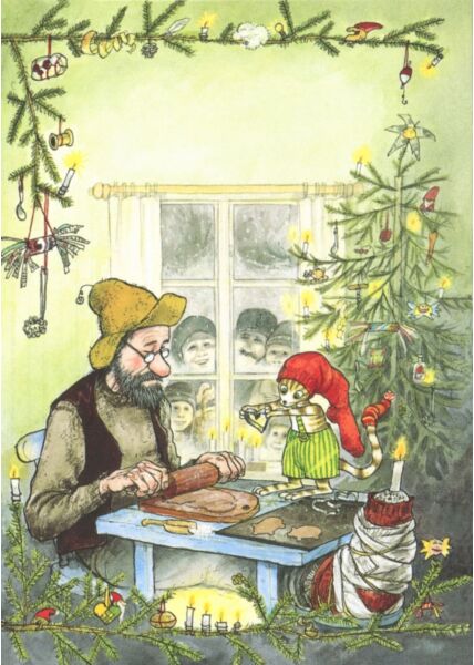 Pettersson und Findus Weihnachtspostkarte Plätzchen backen