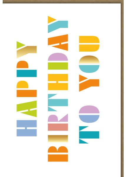 Geburtstagskarte Midoro weißer Hintergrund bunte Buchstaben Happy Birthday to you